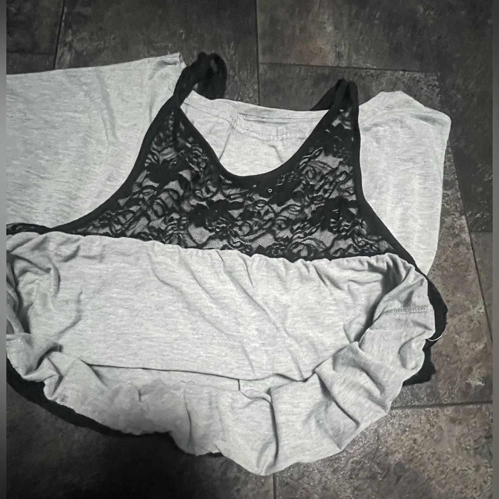 Totally 80’s Grey Off the Shoulder Top with Black Lace Overlay Tank - Picture 2 of 4